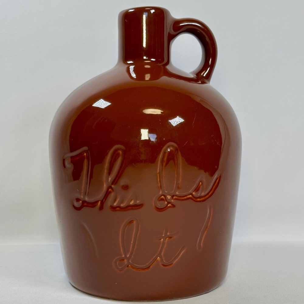 Vintage Brown Glazed Ceramic Whiskey Jug "This Is It" Embossed Pottery Decal 7in